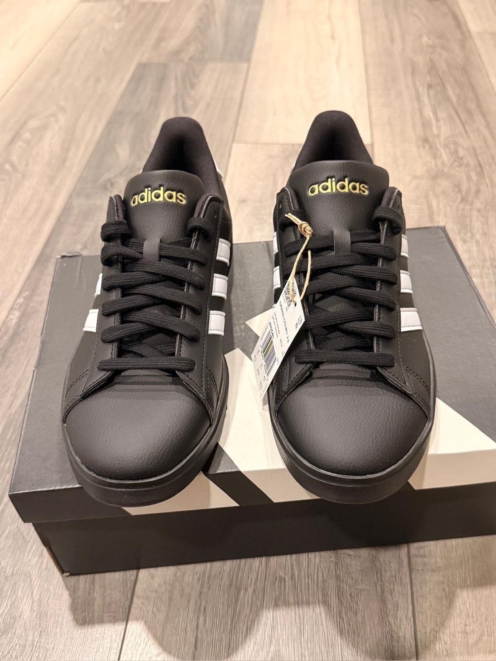 adidas court vantage Black Sneakers with White Stripes and Gold Logo